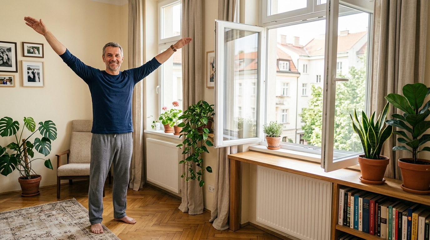 Muž robí jednoduché cvičenie pri okne v útulnom byte s prírodnými farbami